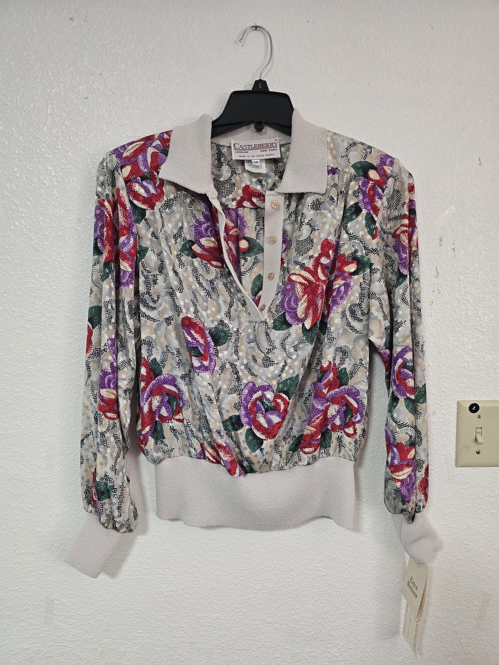 NWT Vintage 80s Castleberry Floral Knit Polo Blouse Size 14 Made in USA Deadstoc - Picture 2 of 11